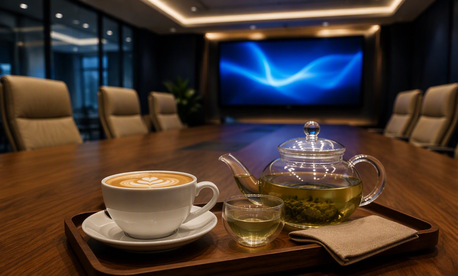 Coffee and green tea served on the conference table
