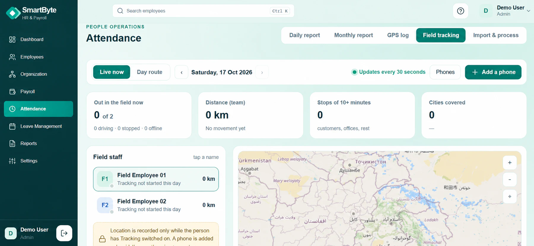 SmartByte attendance and field tracking screen with team summary and map