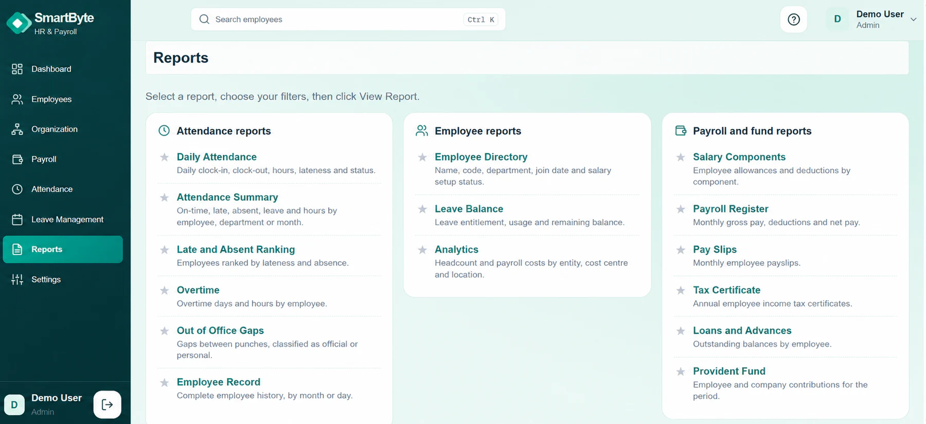 SmartByte reports showing attendance, employee and payroll report categories
