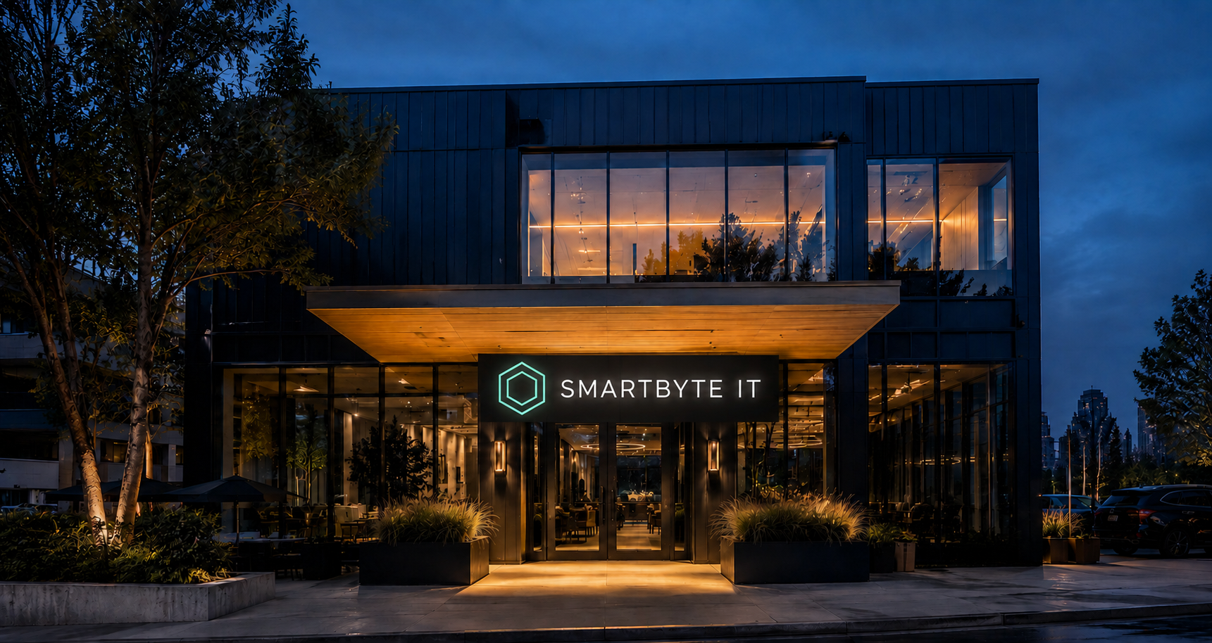 SmartByteIT office building at dusk