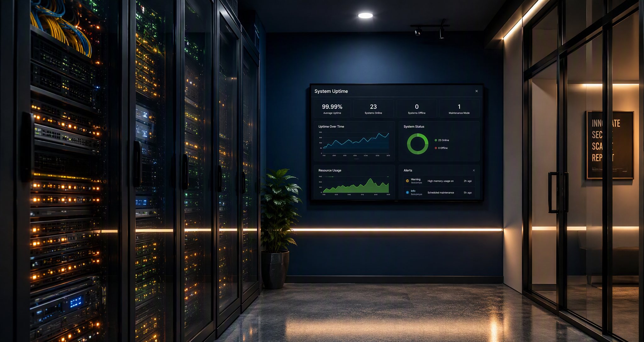 SmartByteIT server room with live uptime dashboard