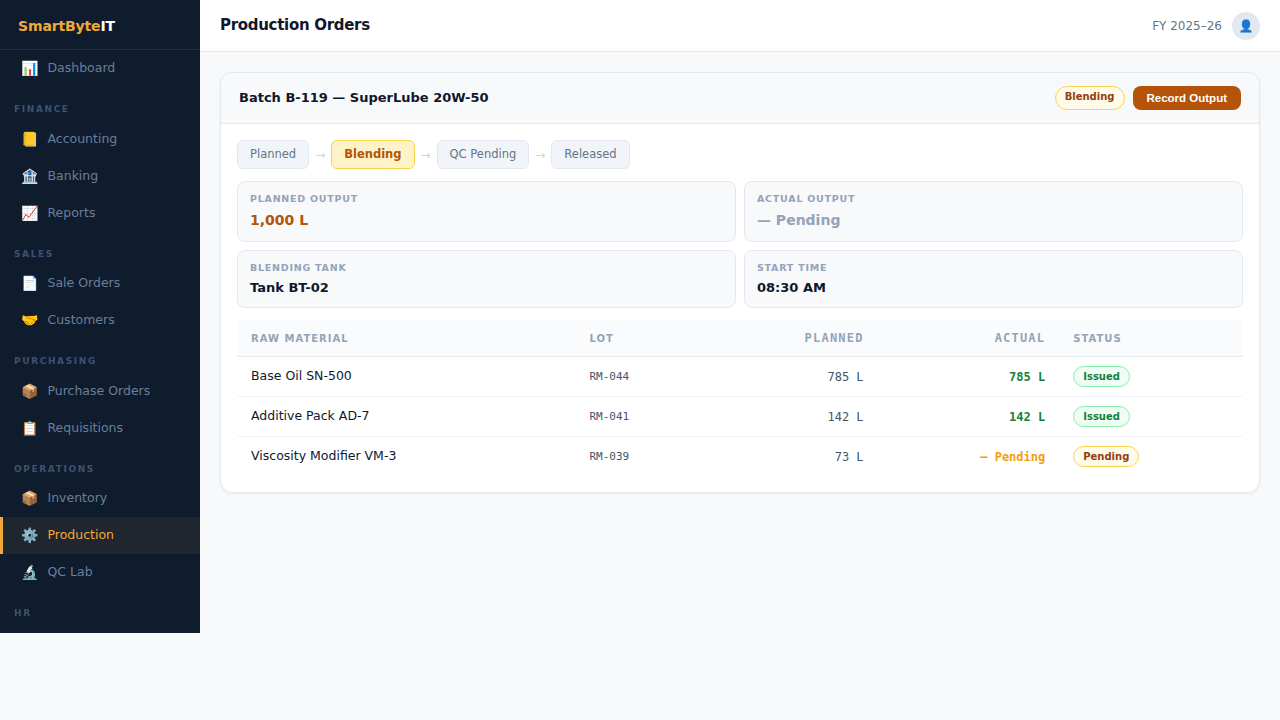 Real SmartByte ERP production orders screenshot