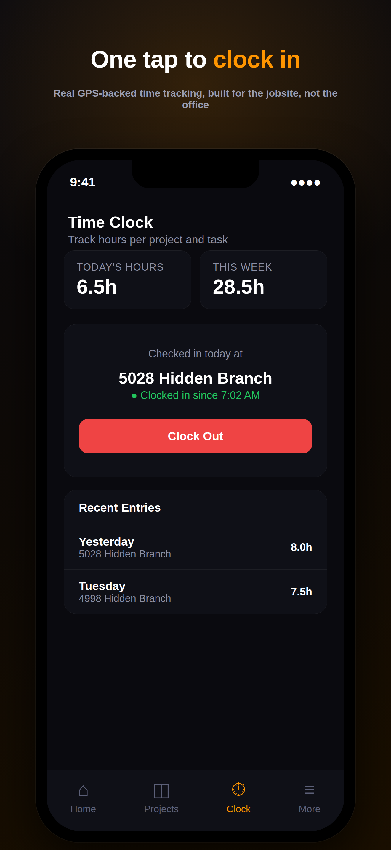 Real Virtual Builder mobile time clock screenshot